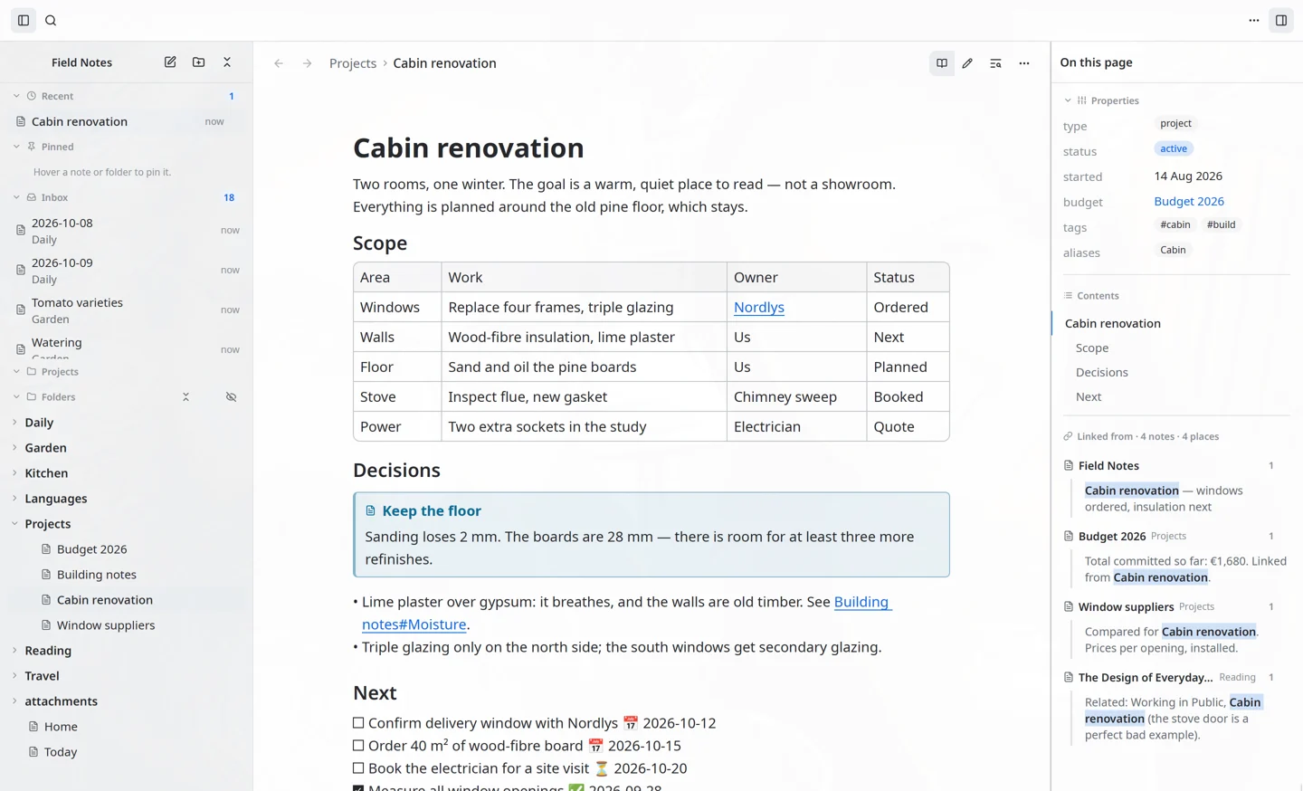 Real Okilum beta reading a Cabin renovation note in the fictional Field Notes demo vault, with properties, table of contents and backlinks.